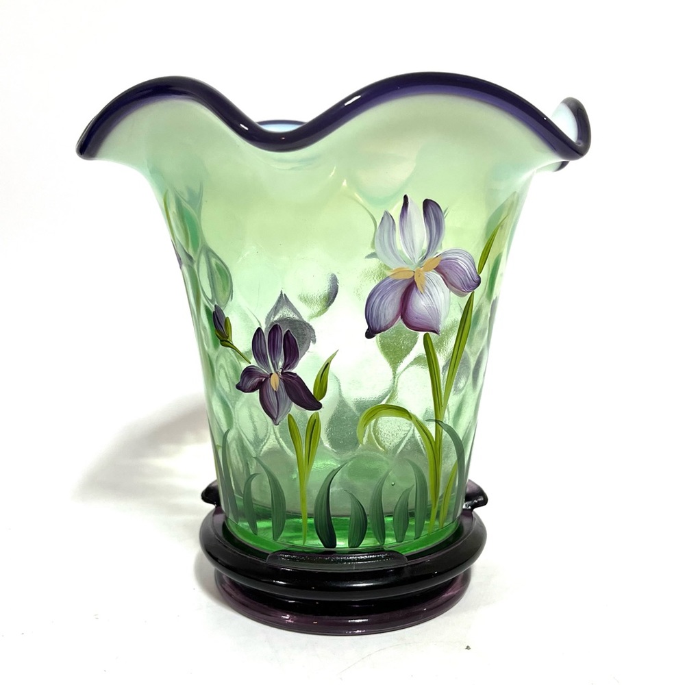 Fenton Desisgner Showcase Series Hand Painted Green Purple Vase Triple Signed - Picture 5 of 17